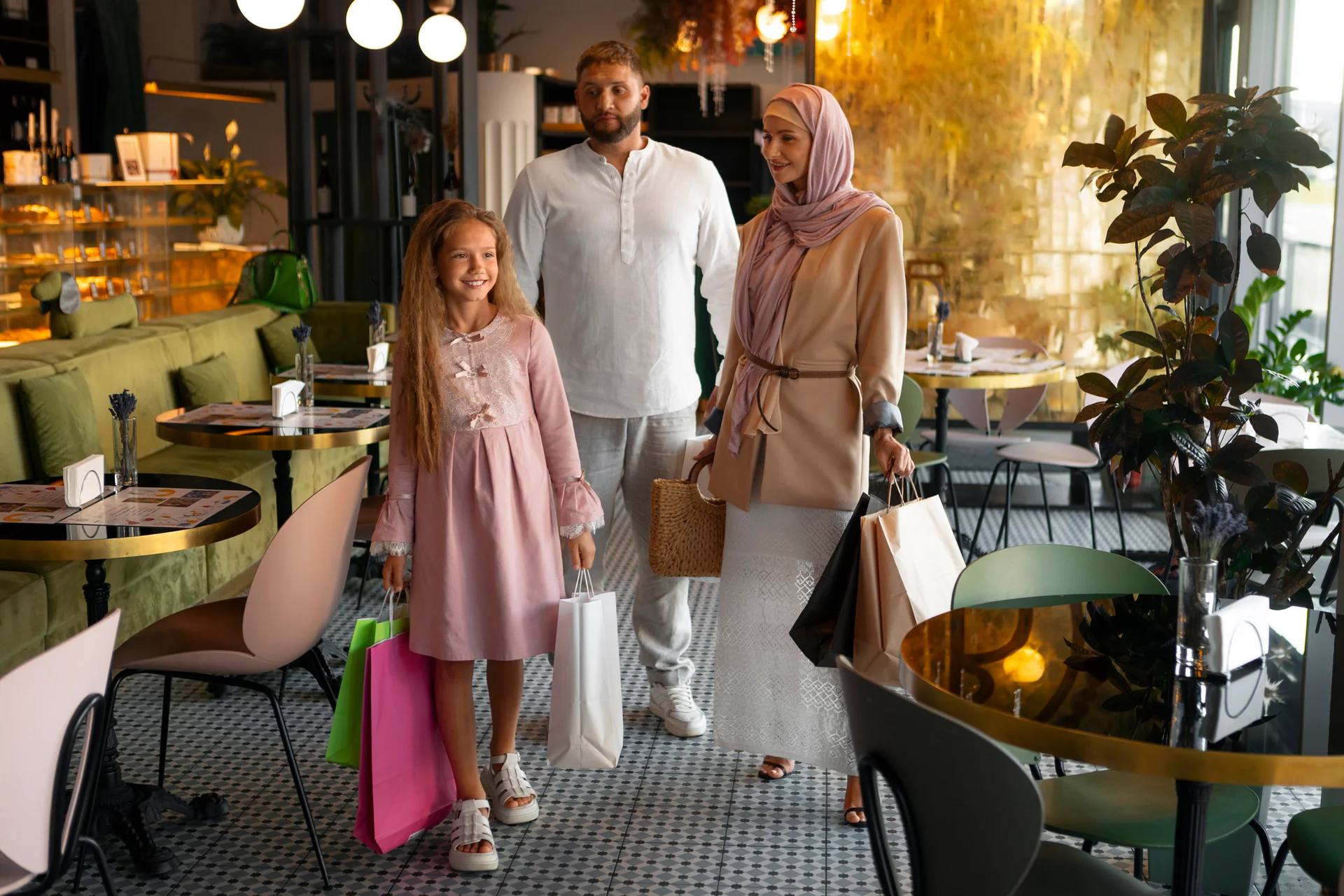 Young girl out for a shopping session with her parents