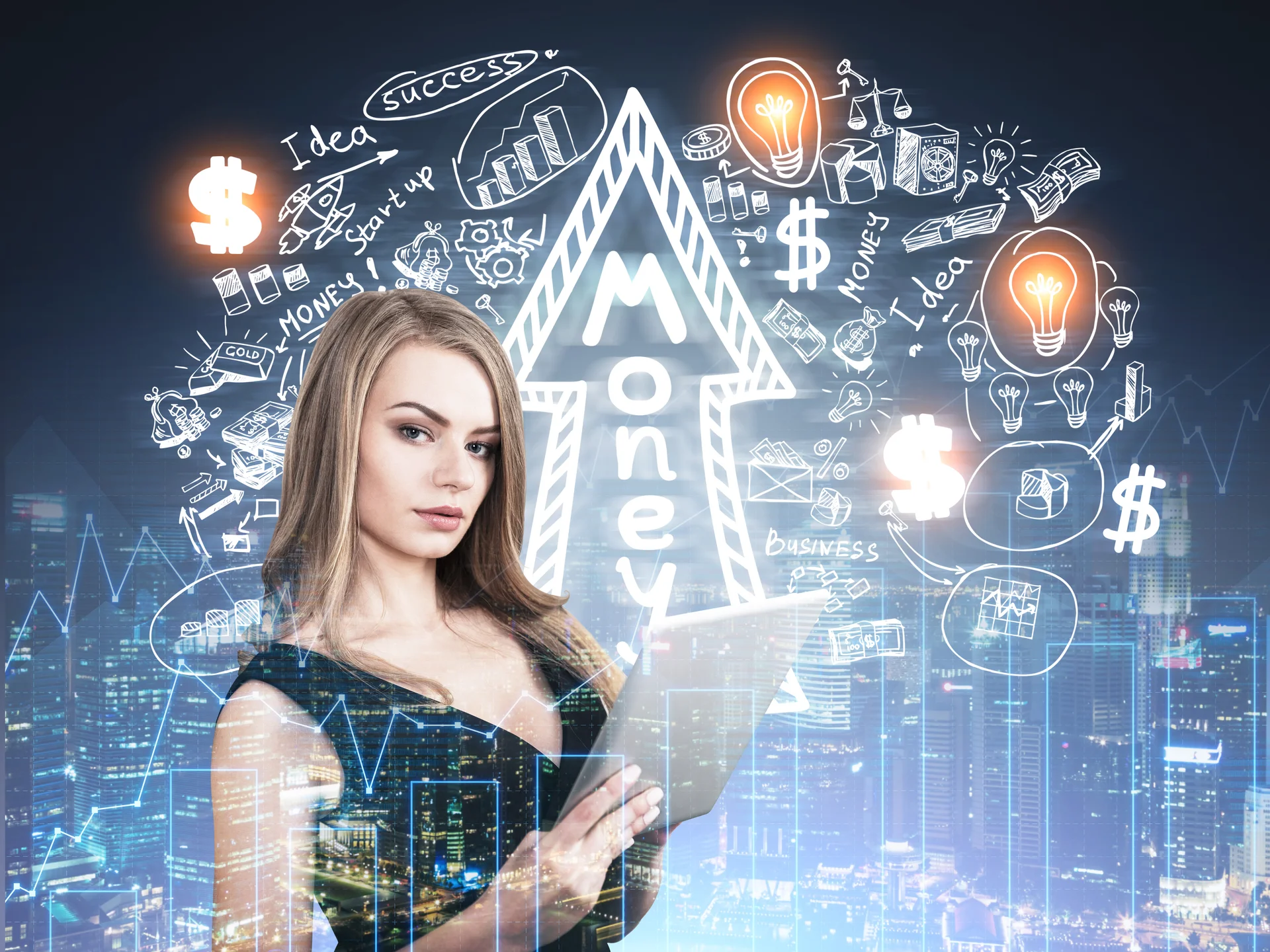 Woman with tablet and money sketch