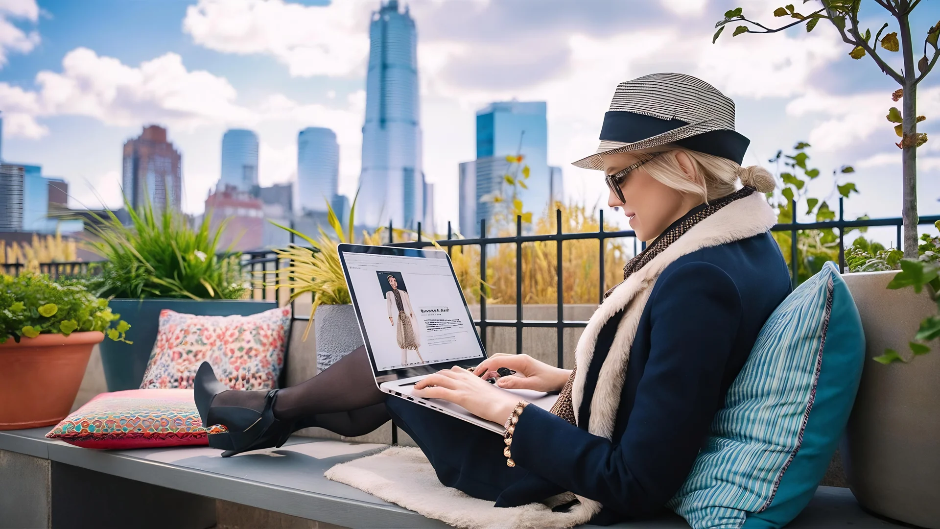 Stylish fashion blogger relaxing outdoor working on the laptop sitting on a bench against a skysc