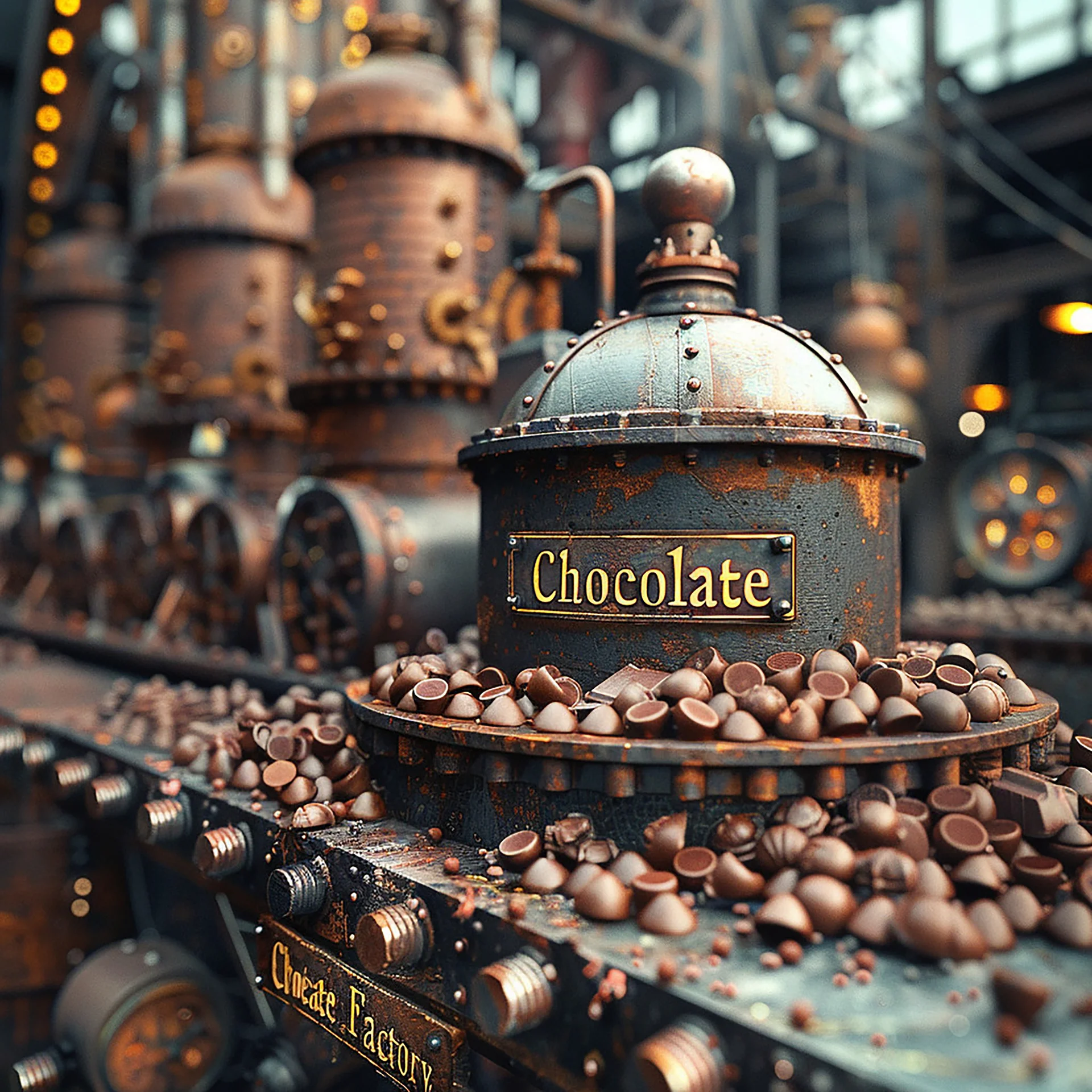 A typography text Chocolate Factory in Mechanic Steampunk style