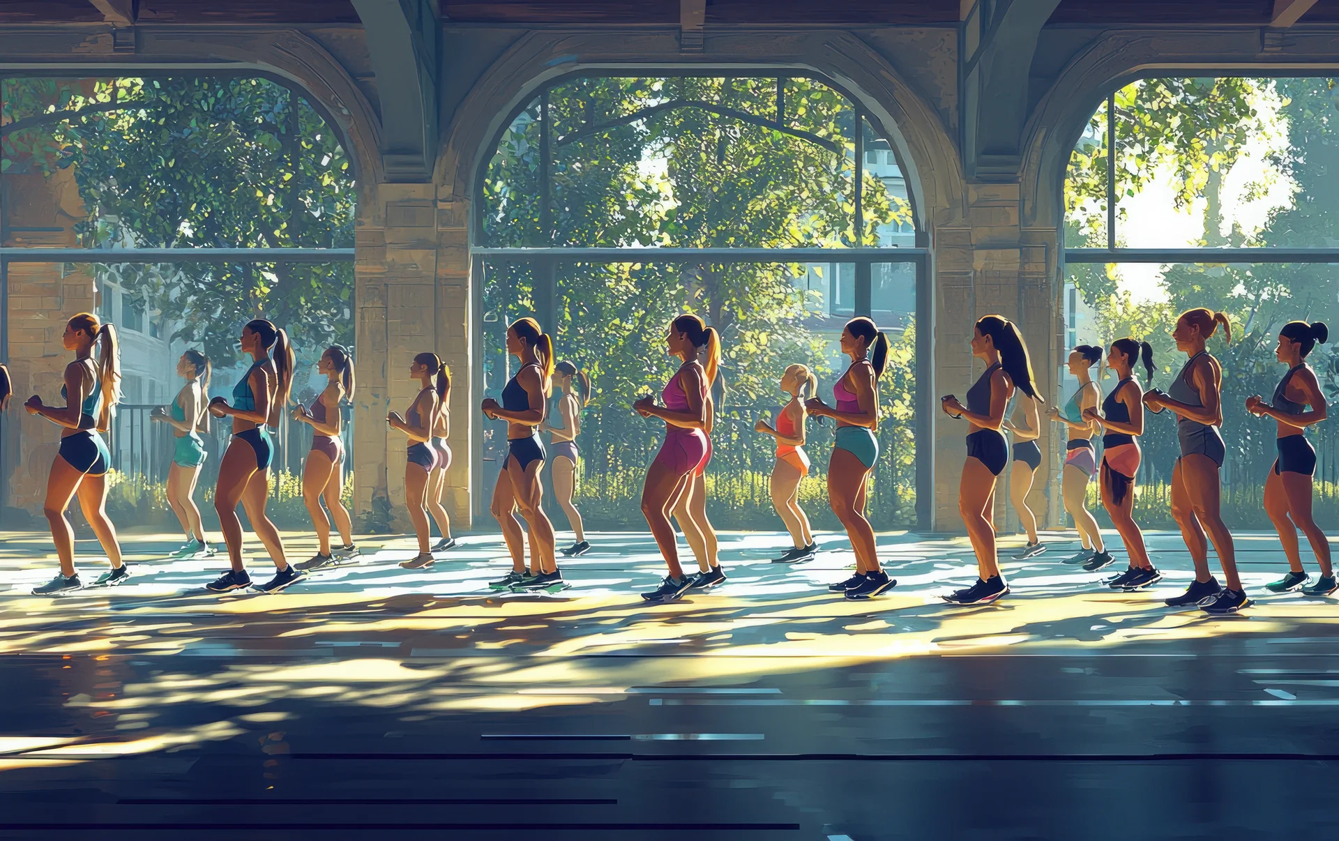 Group of diverse women exercising together in a large outdoor space