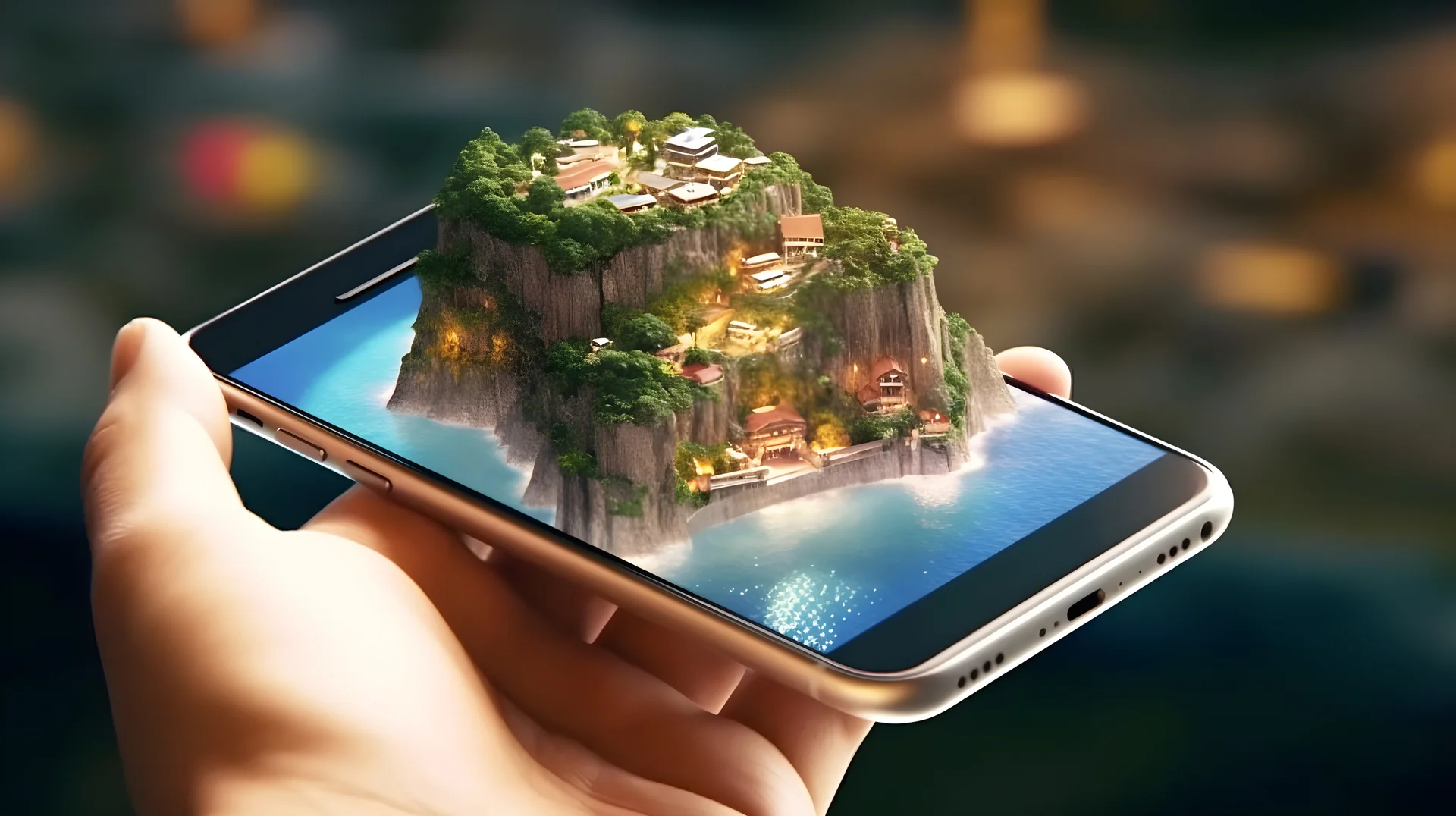 person holding mobile phone with 3d mountain on screen