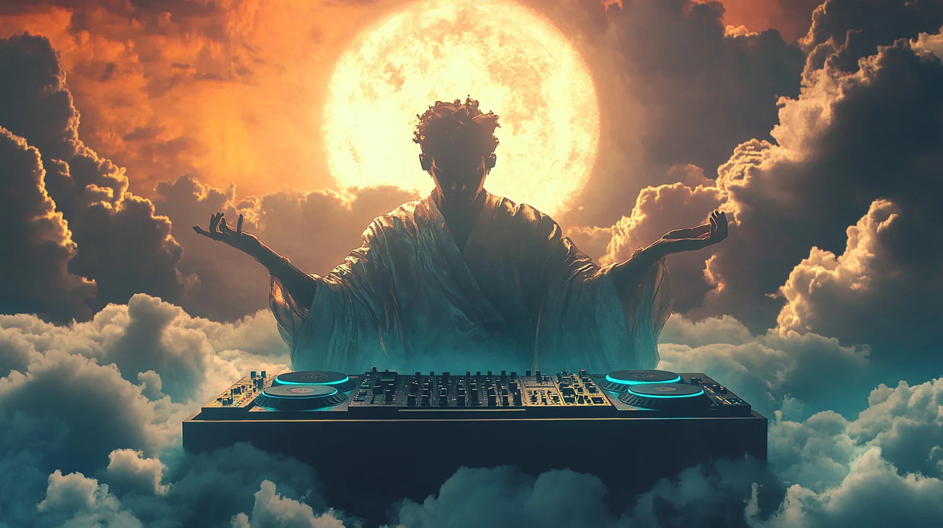 a dj  s head is surrounded by a full moon and the sun is behind him