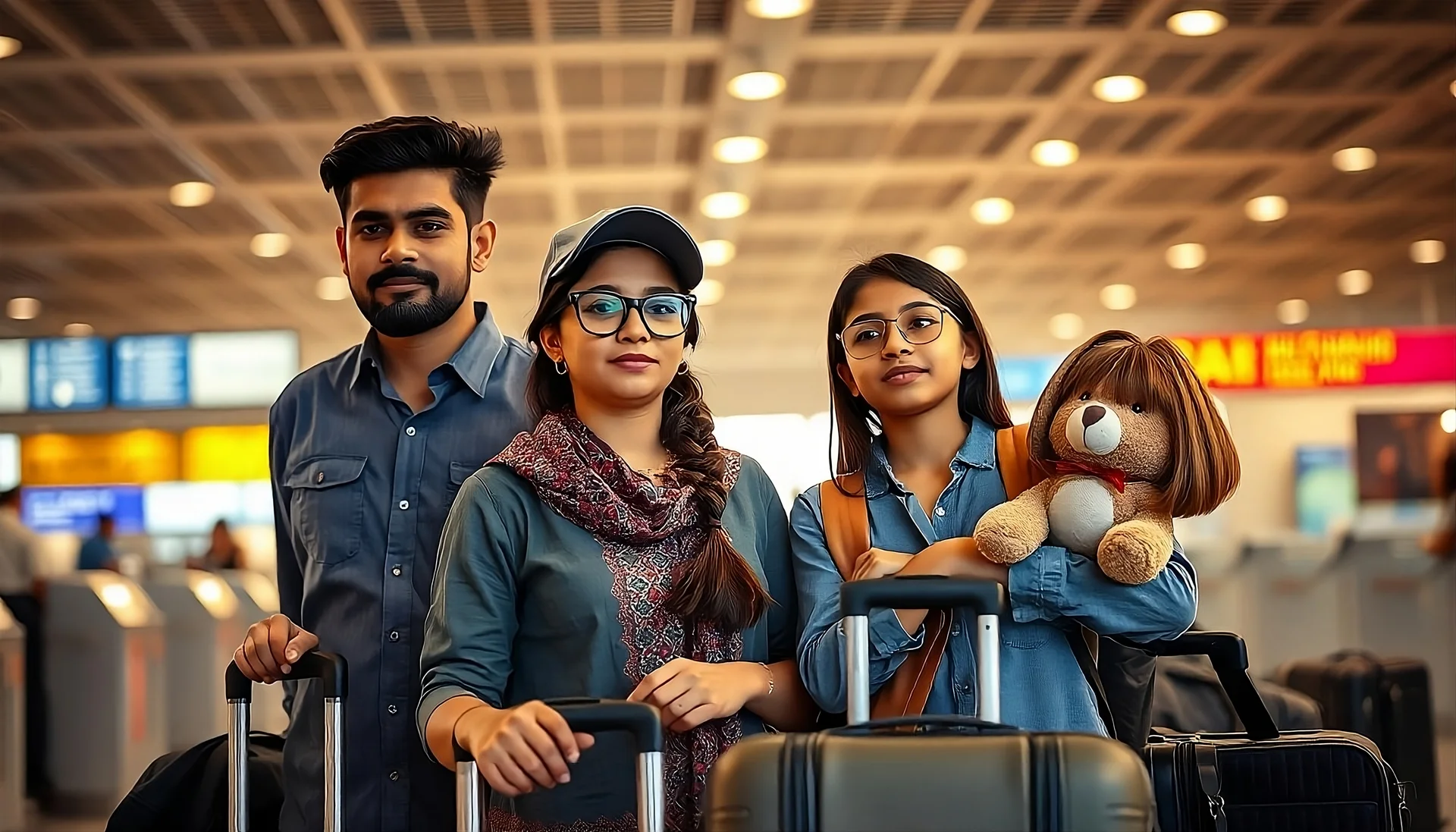 a family poses with their luggage and a stuffed animal
