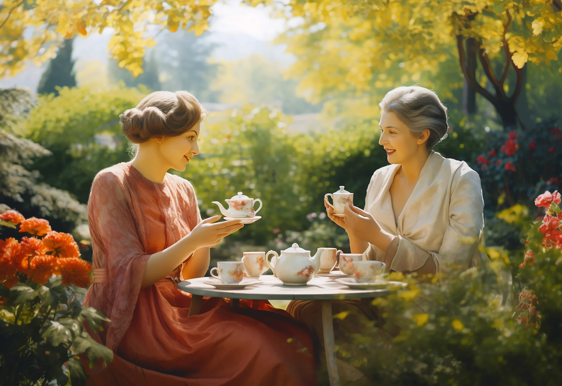 Photo portrait of tow woman drinking coffee tea at the outdoor garden in summer