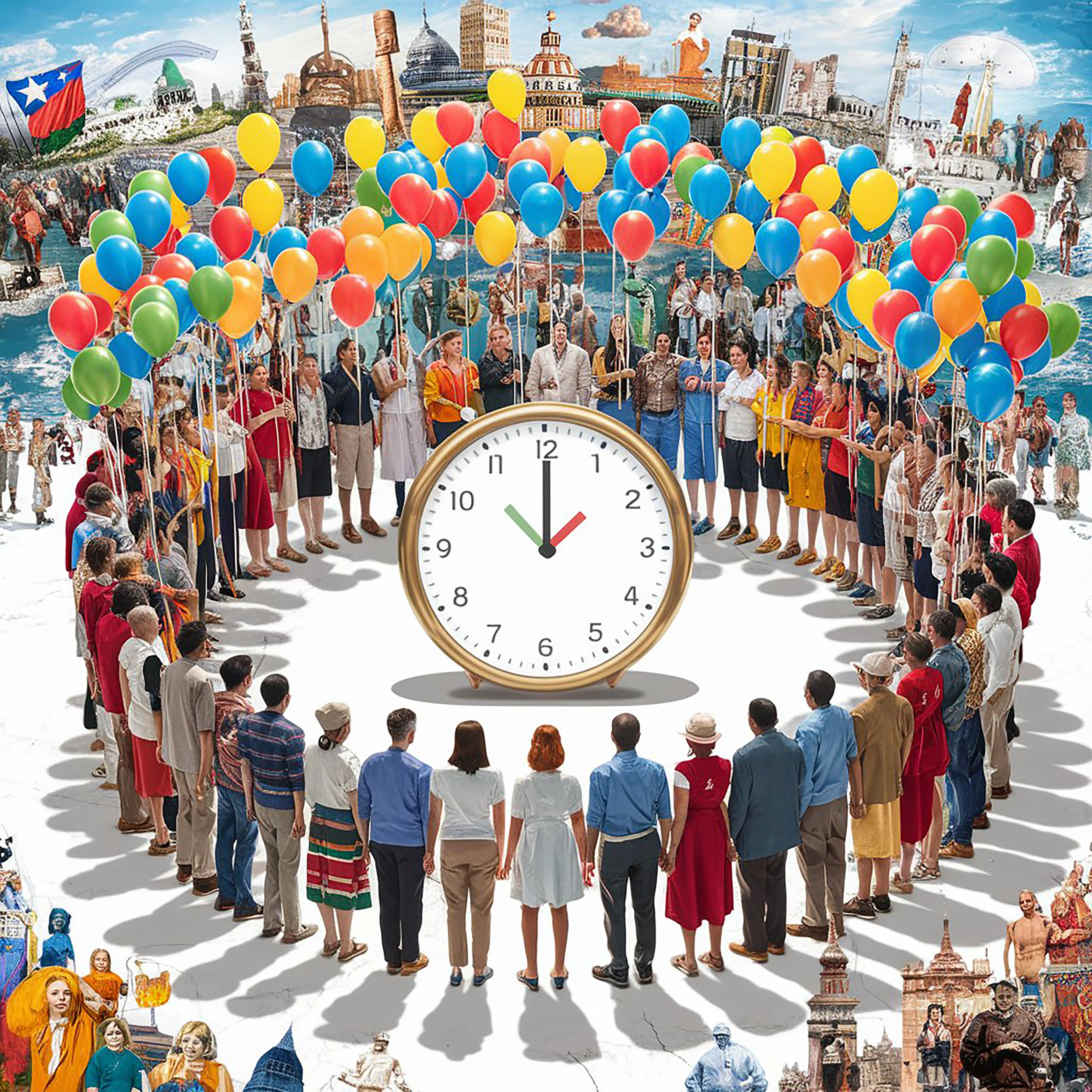 A group of people are standing together in a circle with the words international day of the year
