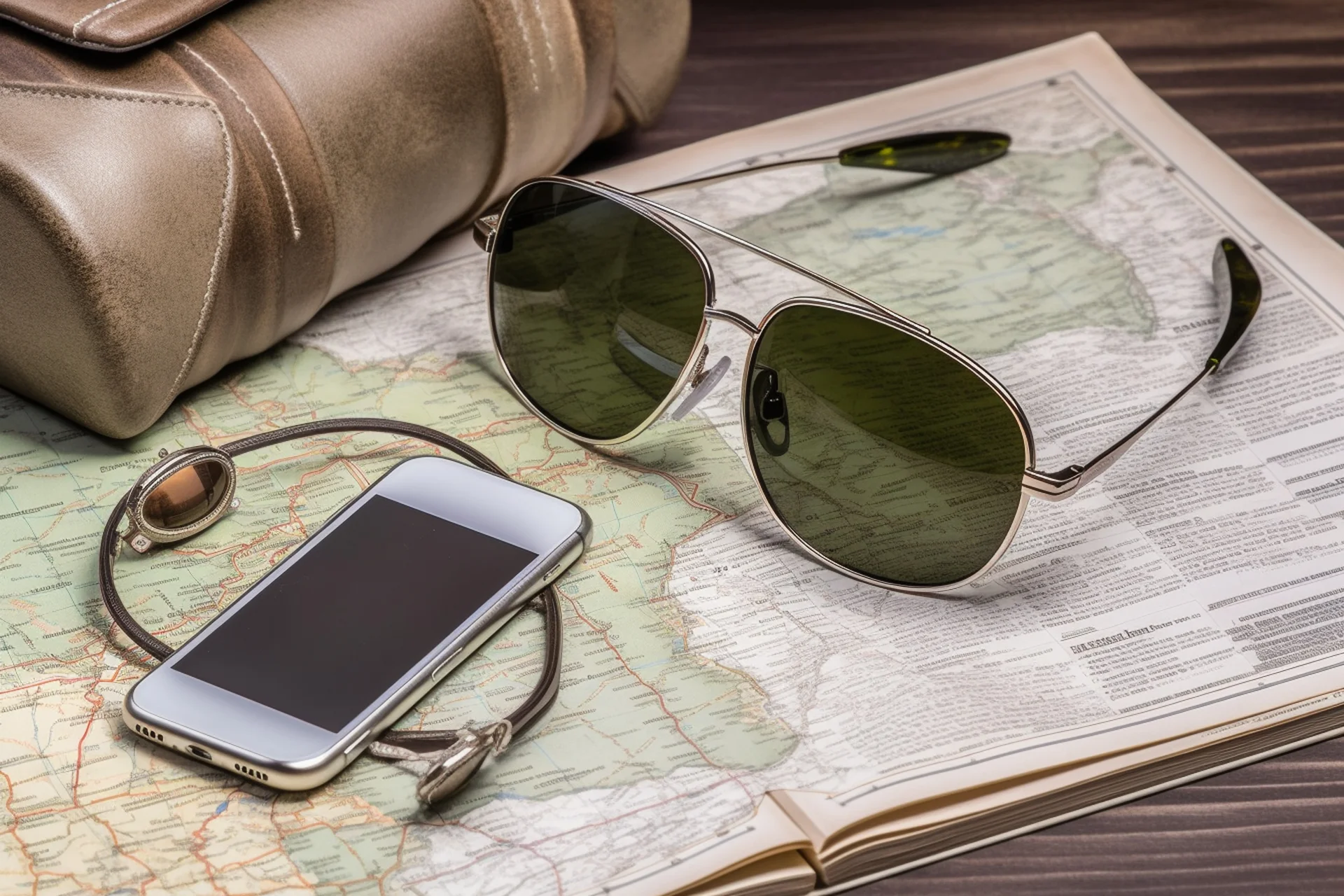 Sunglasses and smartphone near maps