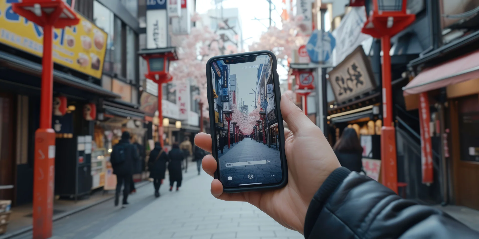 Close up of smart man hand holding camera while record video at city AIG42