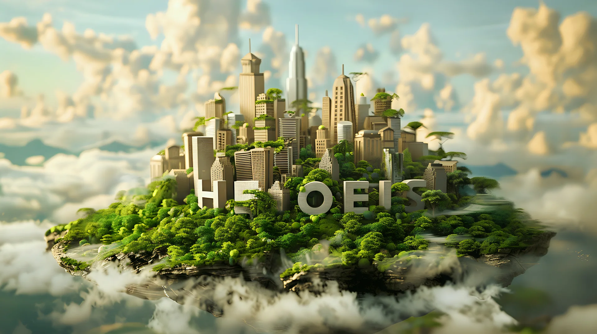 Futuristic Island Cityscape with Greenery and Clouds