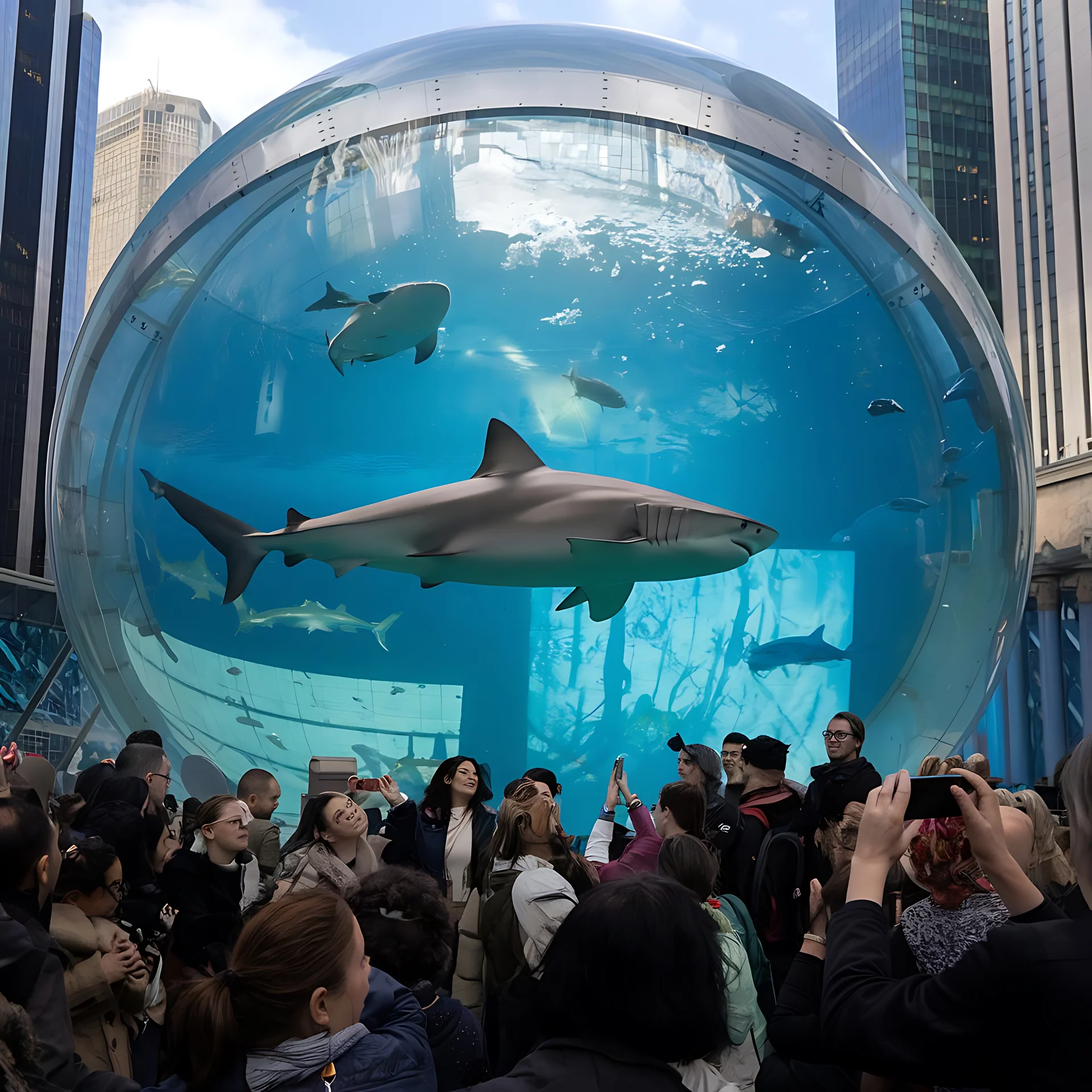 a crowd of people are looking at a large fish in a bubble ai generative