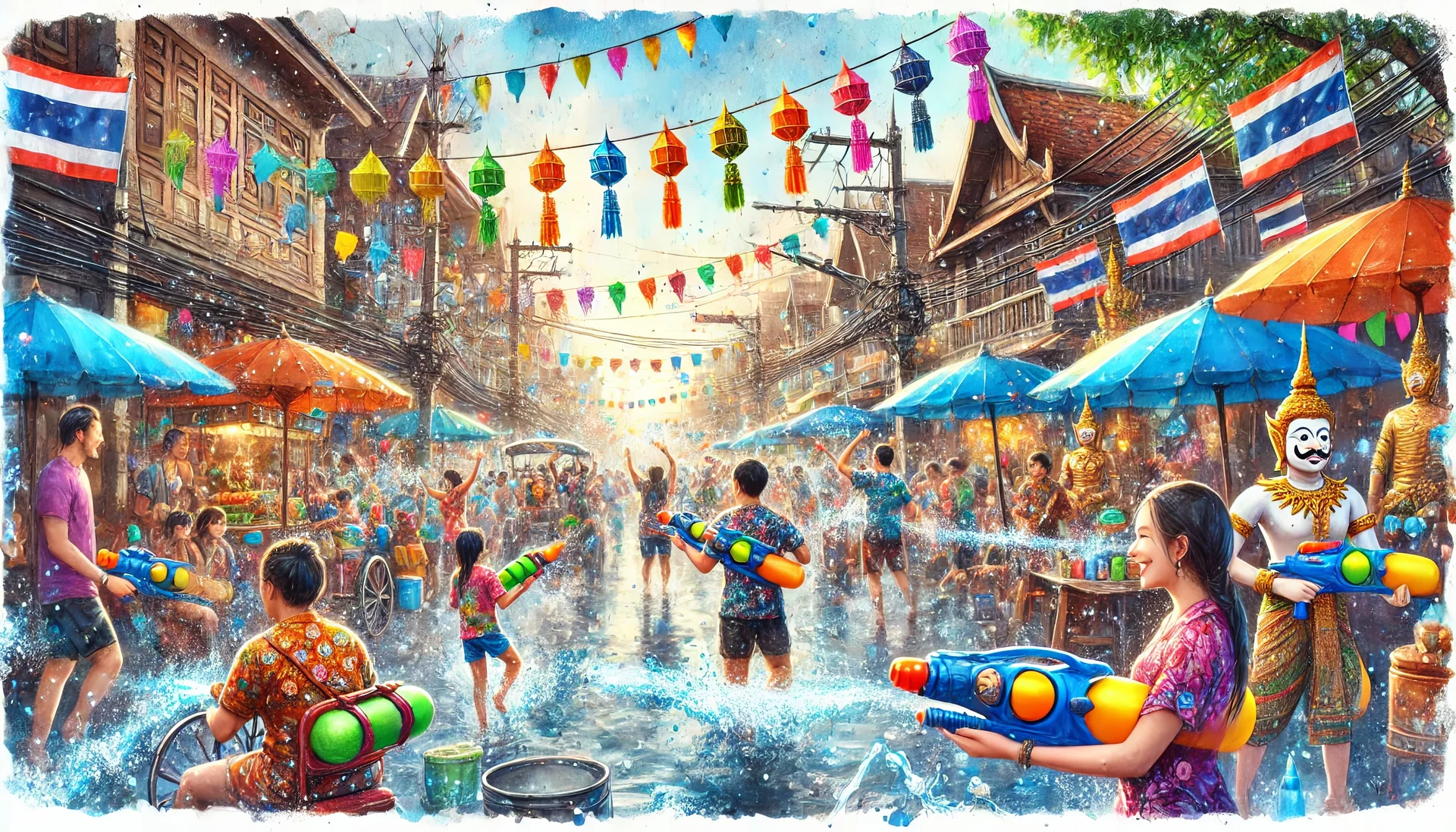 Songkran Festival Water Fight in Thai Street MarketxA