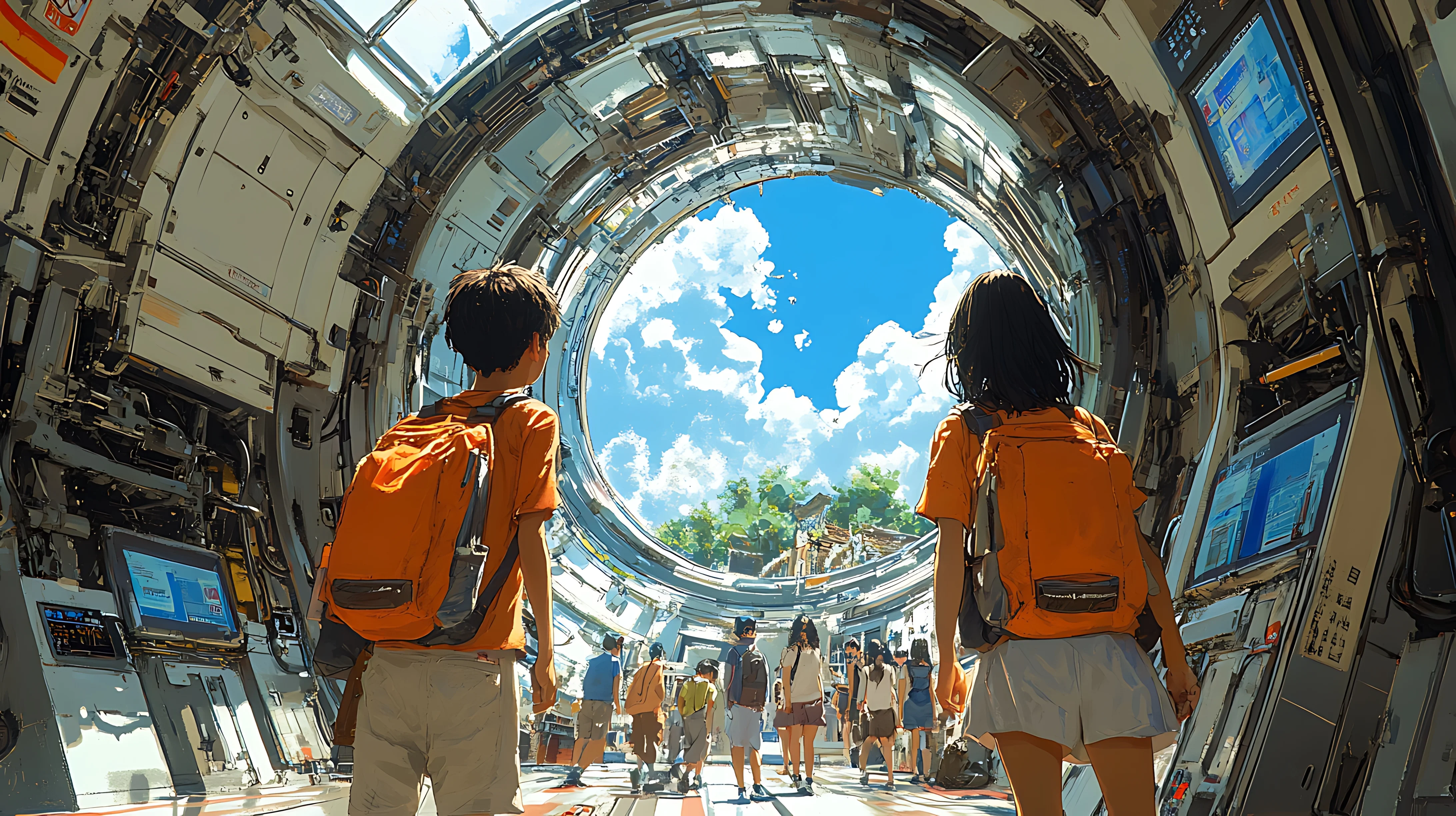 Two Young People Look Out at a Blue Sky Through a Circular Window in a Futuristic Building