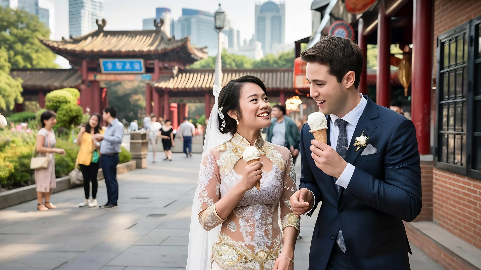 Newlywed couple eating ice cream from a cone on a street in shanghai near yuyuan china